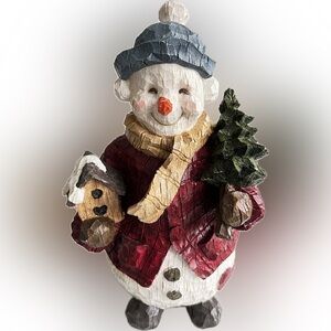 Vintage Herco 10” carved look Snowman Christmas red blue 2.7 lbs wood look resin